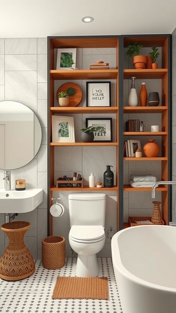 A modern bathroom featuring integrated wooden shelving with various decorative items and plants.