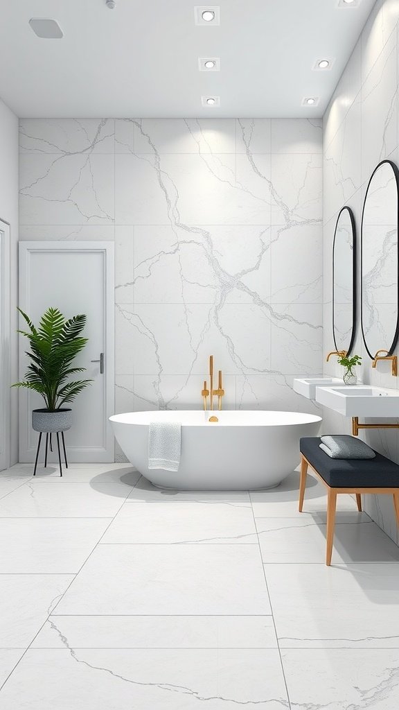 Modern bathroom featuring large format white tiles with subtle veining, a freestanding bathtub, and contemporary fixtures.