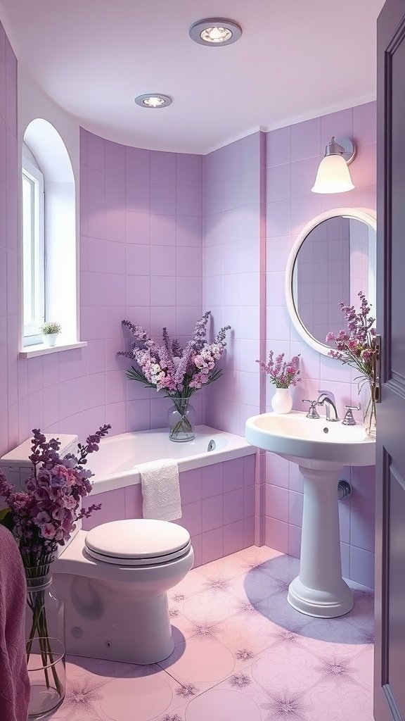 A calming lavender bathroom featuring purple walls, a modern sink, a round mirror, and fresh flowers.