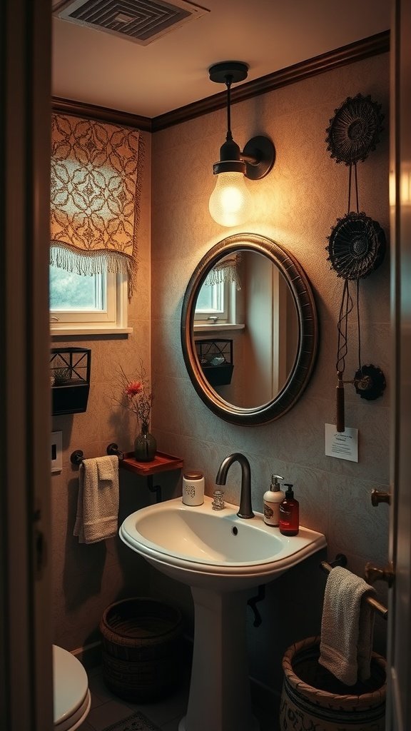 A beautifully lit boho bathroom showcasing layered lighting with a pendant light and wall decorations