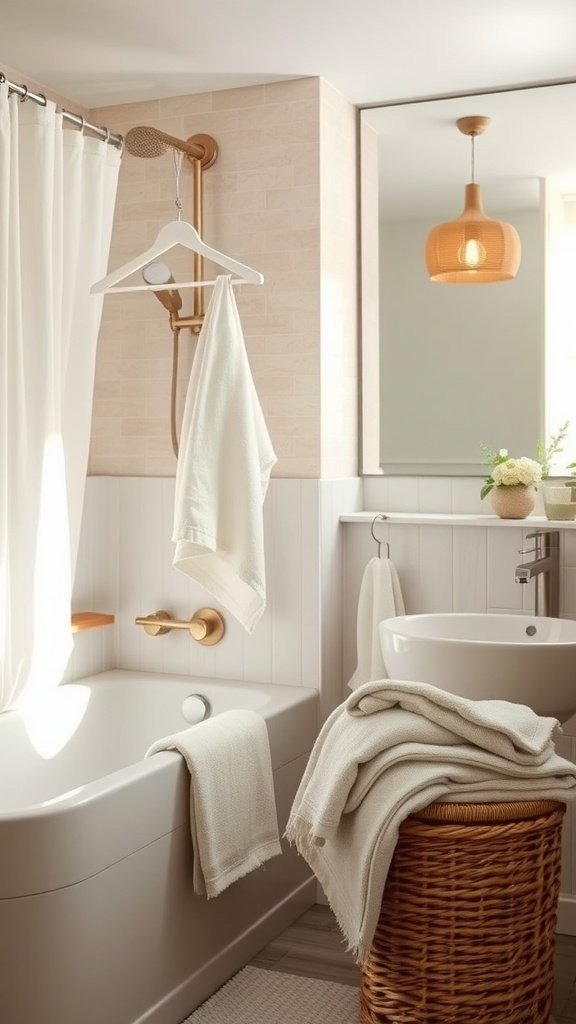 A cozy bathroom featuring layered soft linens and a woven basket, embodying Boho decor.