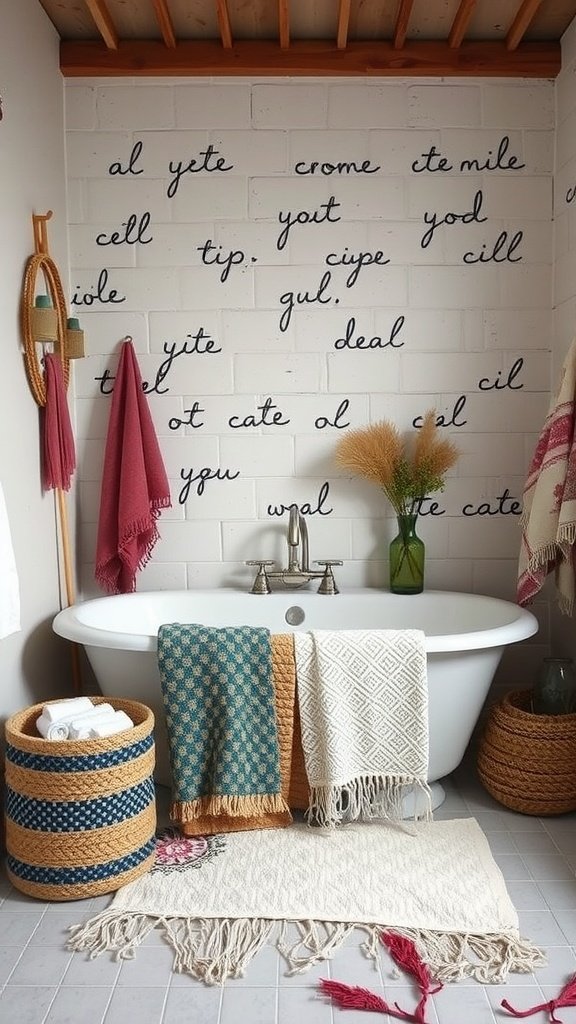 A cozy Boho bathroom with layered textiles including colorful towels, woven baskets, and a vintage bathtub.