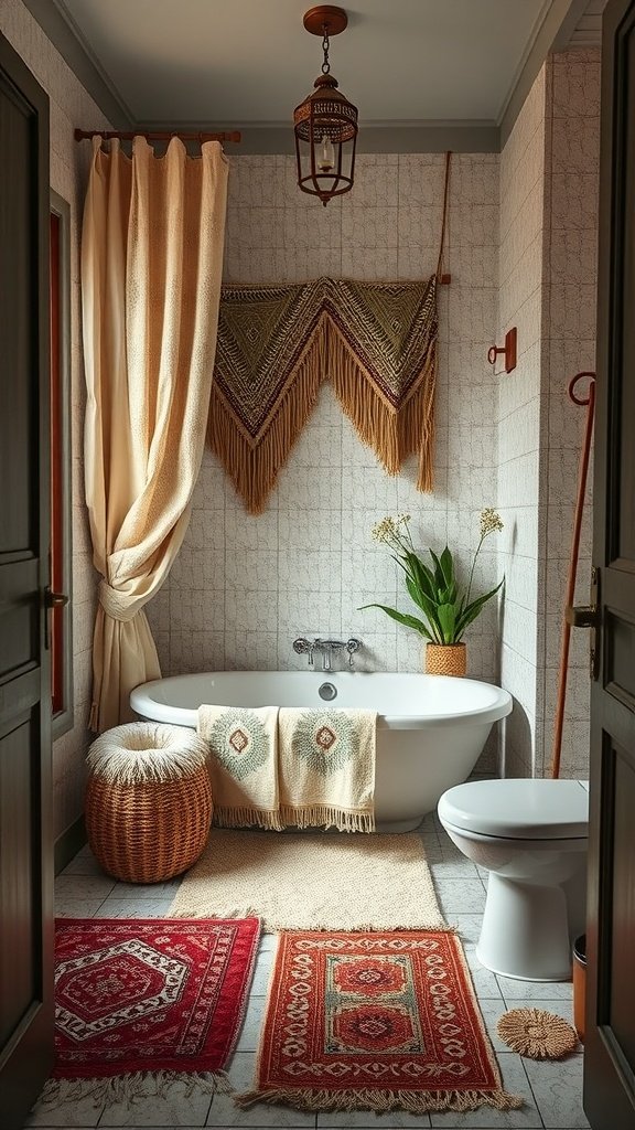 A boho style bathroom with layered textiles, featuring a bathtub, vibrant rugs, and natural elements.