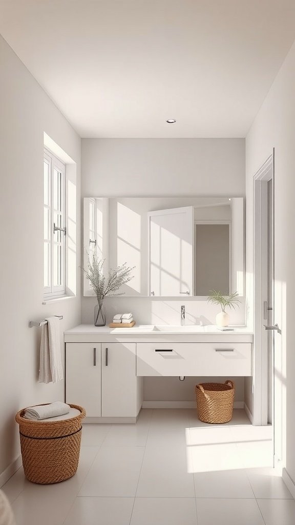A bright and spacious modern bathroom with light colors, featuring a white vanity, large mirror, and wicker baskets.