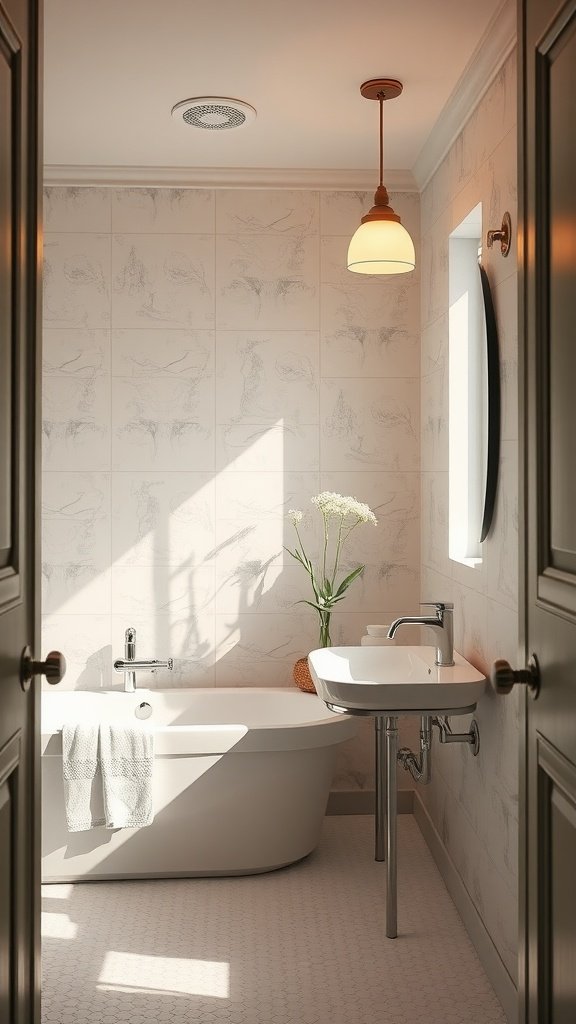 A well-lit modern bathroom featuring a pendant light and natural sunlight, showcasing a bathtub and sink.