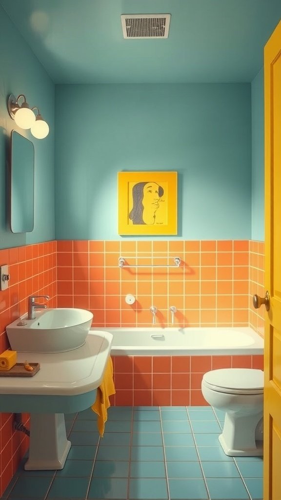 A colorful 70s inspired bathroom featuring turquoise walls, orange tiles, and a yellow door.