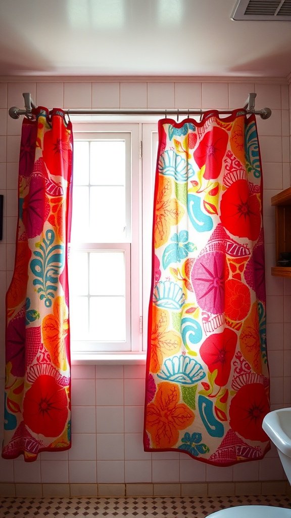 Colorful 70s style curtains with floral patterns in a bathroom setting