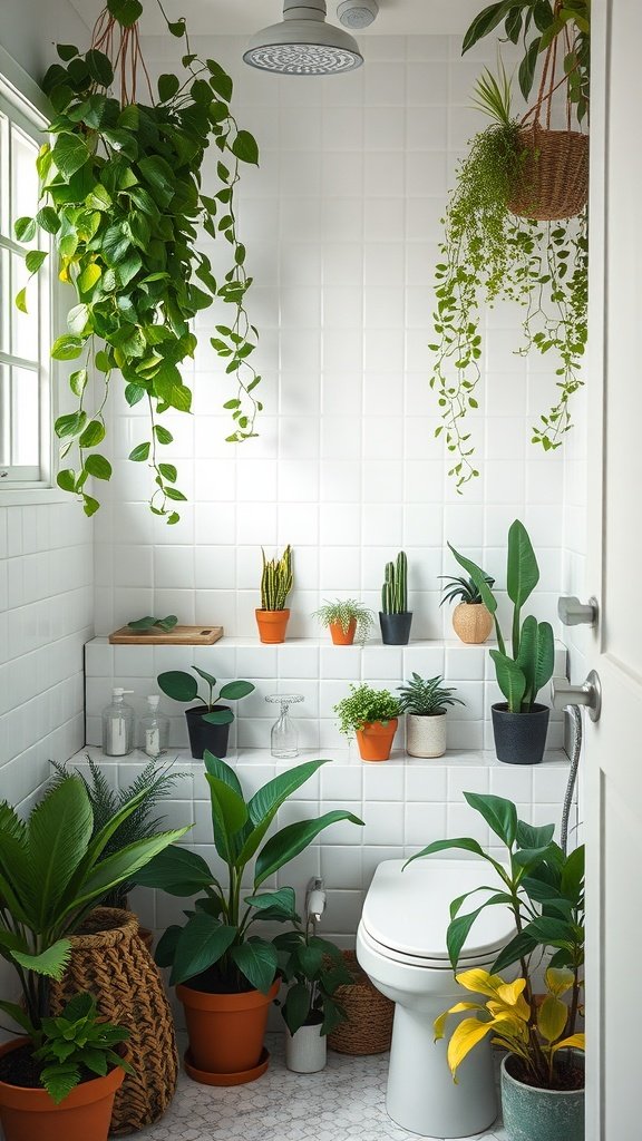 A bright bathroom filled with various plants, featuring hanging greenery and potted plants on shelves.