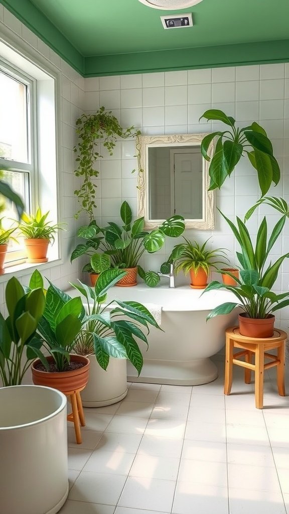 A bright bathroom filled with various indoor plants, featuring a modern bathtub and green ceiling.