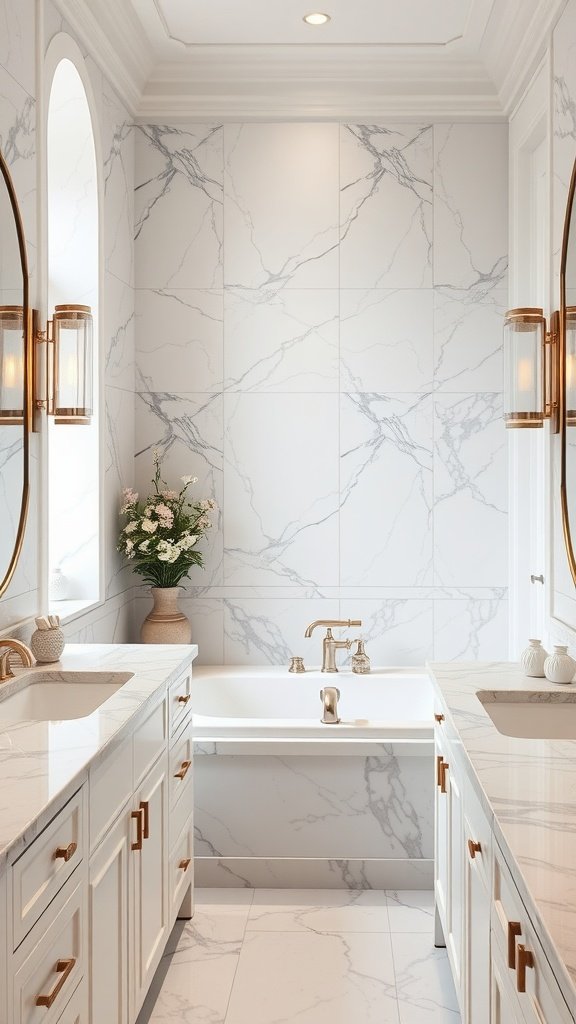 Luxurious bathroom featuring marble accents and elegant fixtures.