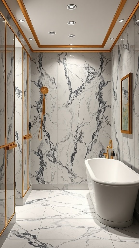 Luxuriously designed bathroom featuring marble finishes and gold accents