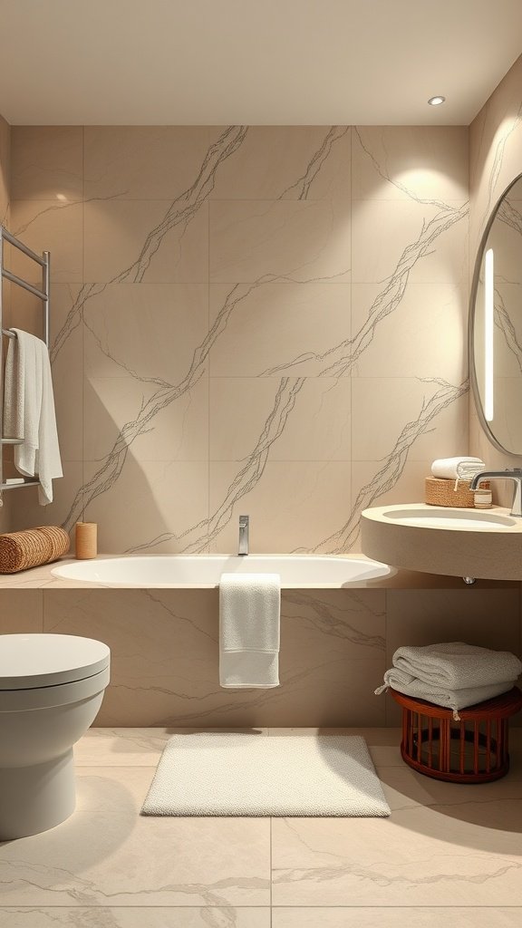 A luxurious bathroom featuring marble walls, a modern bathtub, elegant lighting, and stylish decor.