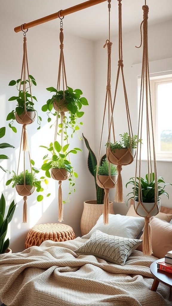 A cozy bedroom featuring macrame plant hangers with lush green plants, soft bedding, and earthy decor.