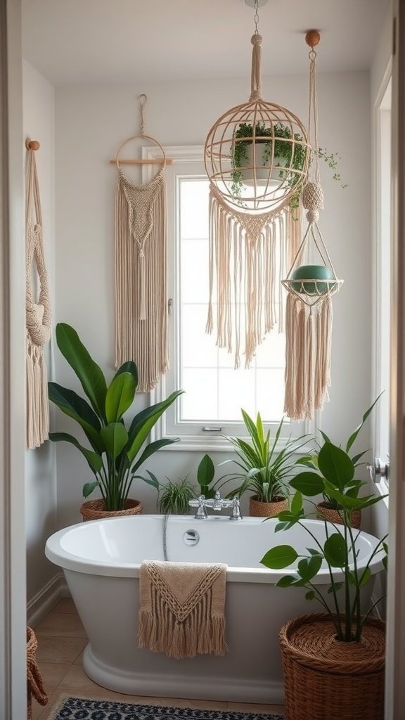 A bright bathroom featuring macrame wall hangings, plants, and a freestanding tub.