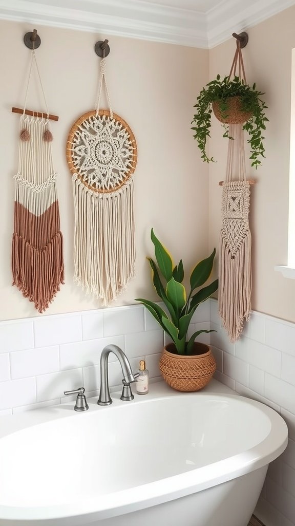 A cozy bathroom featuring macrame wall hangings and a hanging plant, with a freestanding bathtub in the foreground.