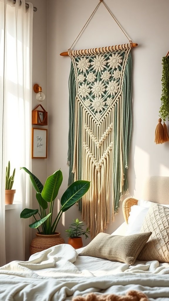 A beautiful macrame wall hanging in sage green, complementing a cozy bedroom decor.