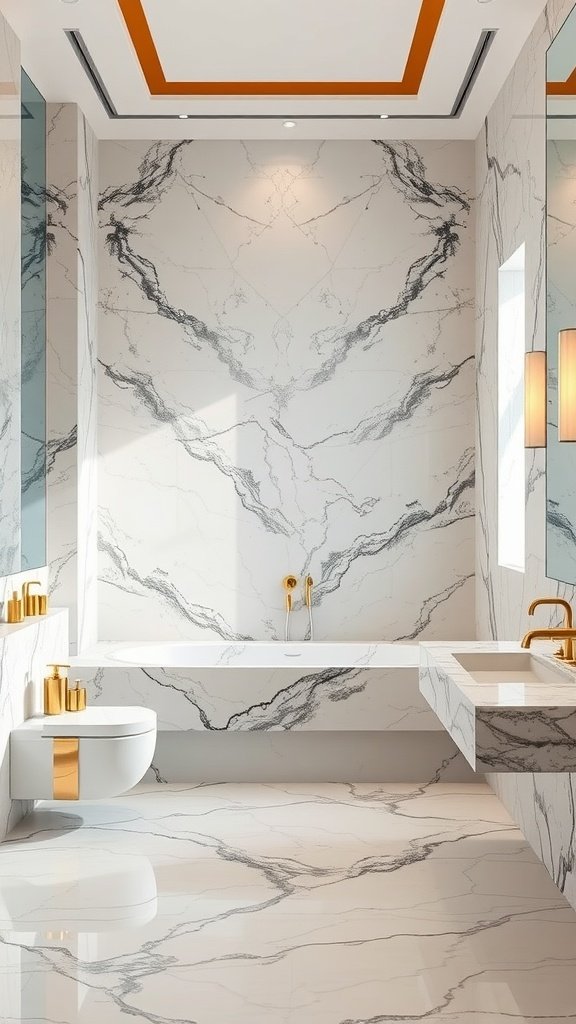 Luxurious marble bathroom with golden fixtures and modern design