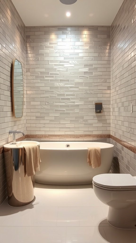 Luxurious bathroom featuring metallic tiles, modern fixtures, and elegant design.