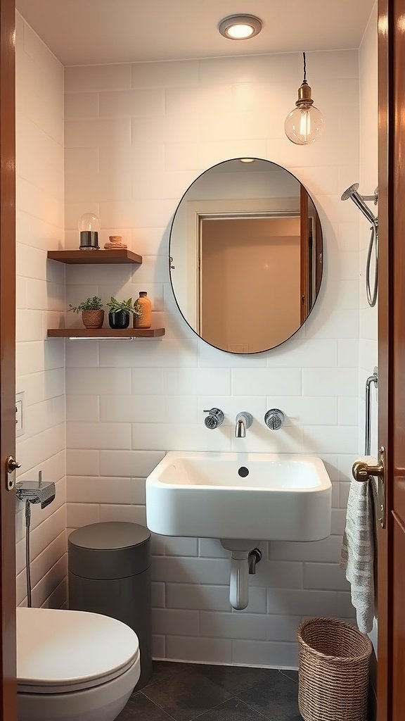 A mid-century modern bathroom featuring a round mirror, wall-mounted sink, and wooden shelves with plants.