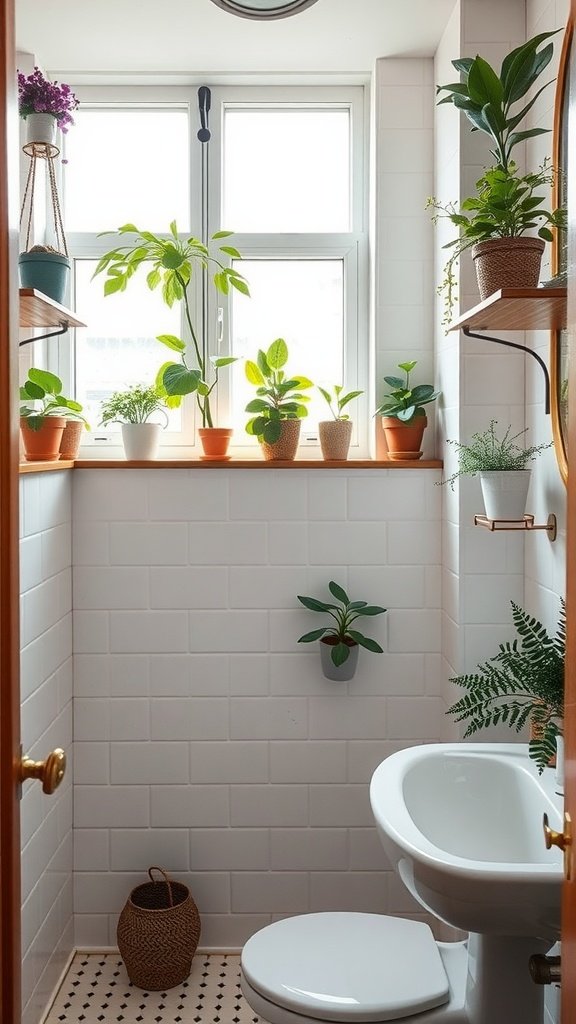 Bright and airy small bathroom with various potted plants on shelves and a window.