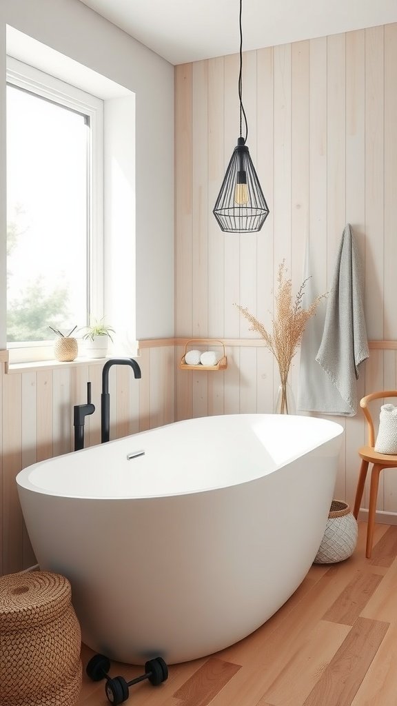 Minimal Scandinavian bathroom featuring a freestanding bathtub, wooden paneling, and natural light.