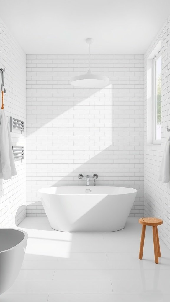 A minimalist bathroom featuring a freestanding tub, white tiled walls, a wooden stool, and natural light.