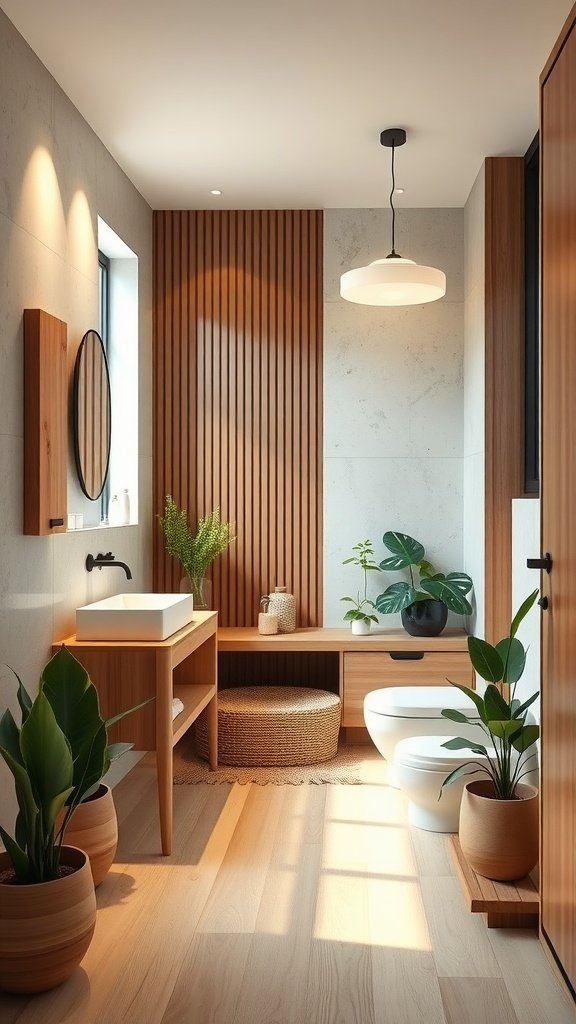 A minimalist bathroom with natural elements, featuring wooden accents, plants, and a bright atmosphere.