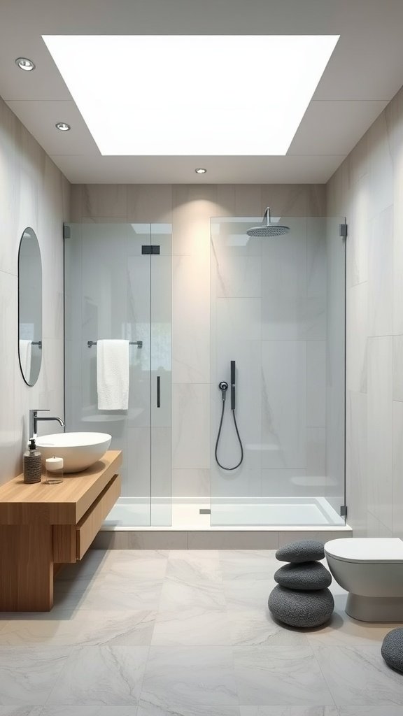 A minimalist zen bathroom featuring a wooden vanity, glass shower enclosure, and stone decor.