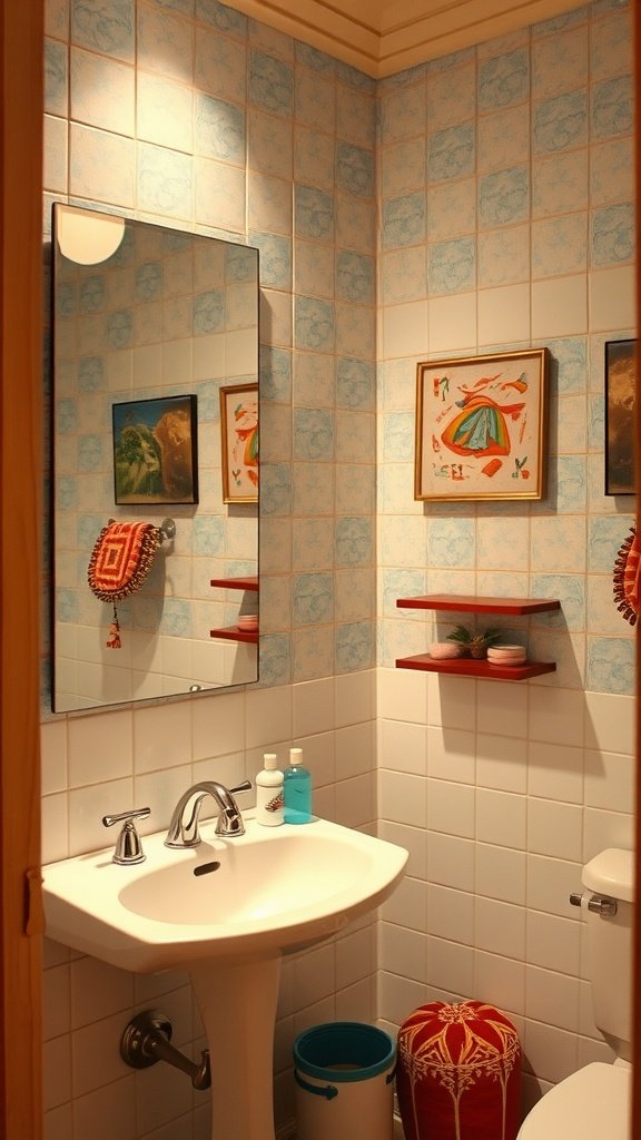 Cozy bathroom featuring a mirrored wall, blue and white tiles, and decorative items.