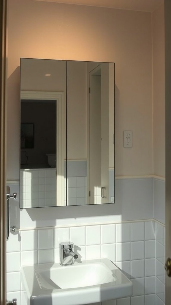 A modern small bathroom with a mirrored cabinet above a sink.