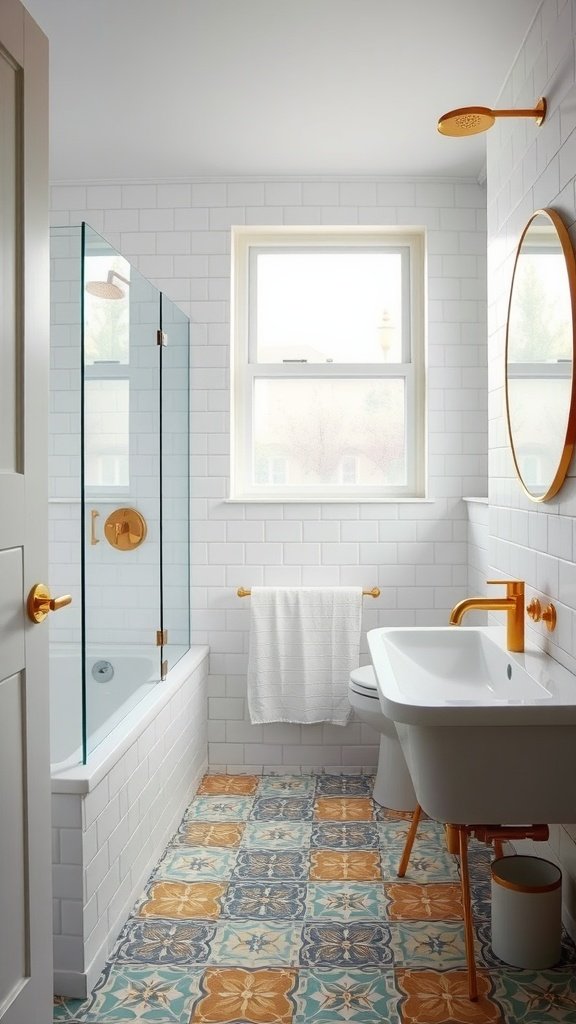Modern bathroom featuring multicolored cement tiles and brass accents, showcasing a bathtub and shower combo with natural light.