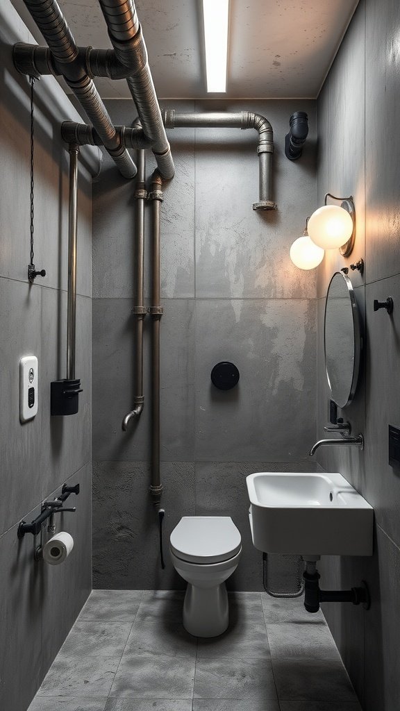 A small bathroom featuring exposed pipes, concrete walls, a minimalist sink, and a round mirror, showcasing a modern industrial vibe.