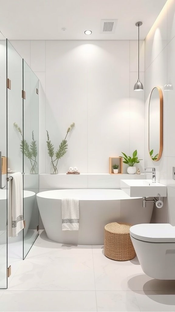 A modern minimalist bathroom with a large mirror, sleek cabinetry, and wooden ceiling slats.