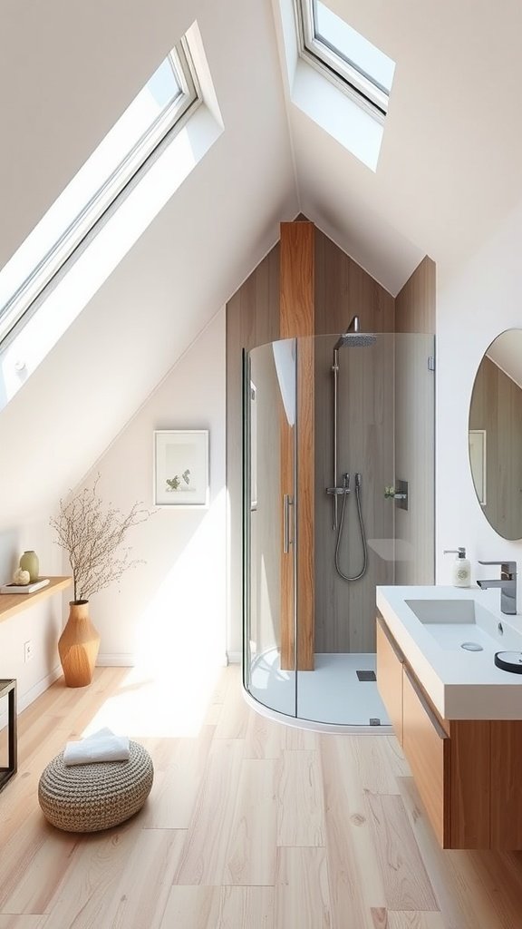 A modern Scandinavian attic bathroom featuring a walk-in shower, wooden elements, and skylights.