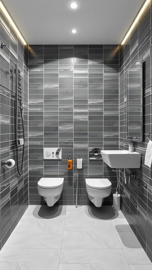 Modern bathroom with sleek gray monochromatic tiles