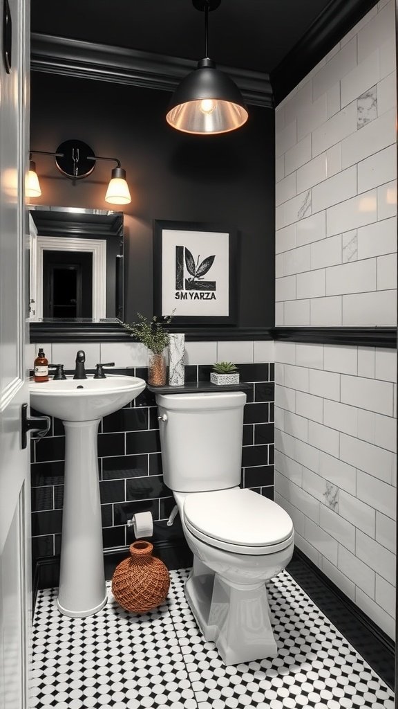 A stylish black and white bathroom featuring an arch mirror, hexagonal tiles, and modern decor.