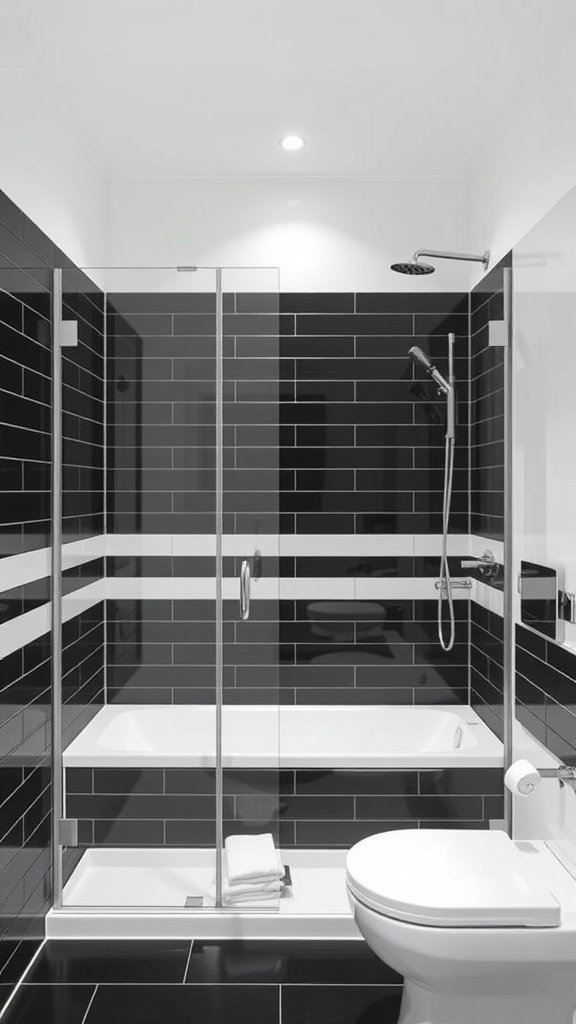 A modern monochrome walk-in shower featuring black tiles and white accents.