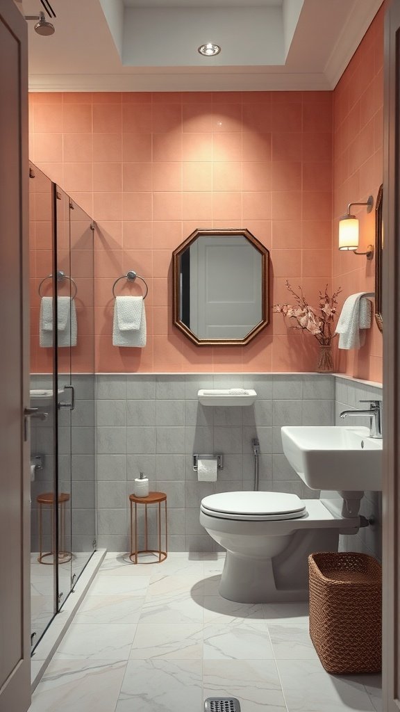 A cozy and stylish bathroom featuring warm coral walls and muted gray tiles, decorated in a dreamy Boho style.