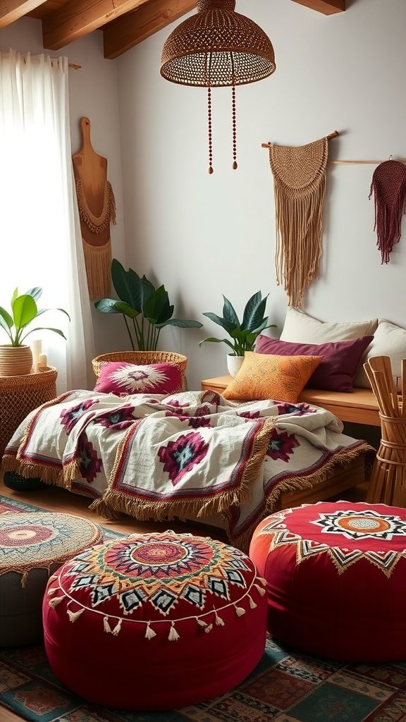 A cozy bohemian bedroom featuring Moroccan poufs, a textured blanket, and colorful plants.