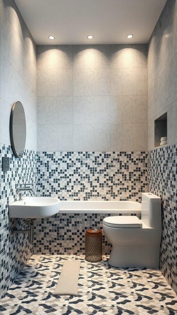 A stylish bathroom featuring mosaic tiles in black and white accents on the walls and floor, with modern fixtures.