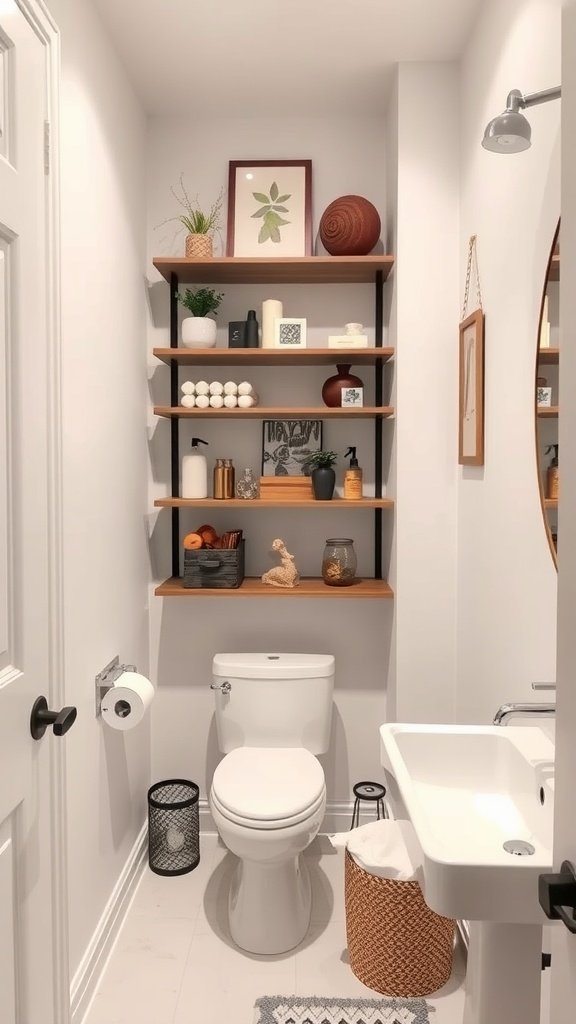 Multi-layered shelving in a cozy bathroom displaying decor and toiletries