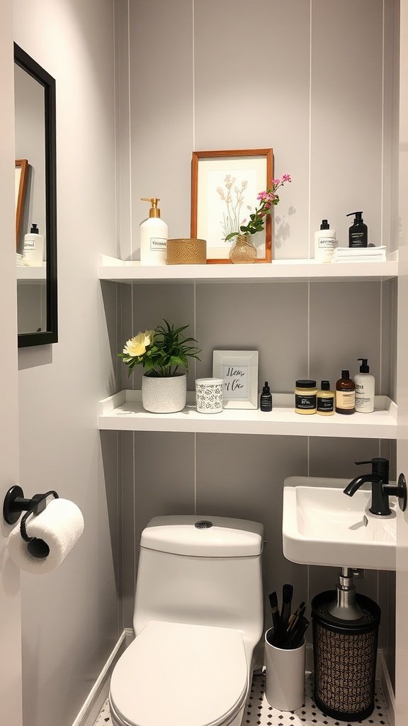 Small bathroom with narrow shelving units and decor items on display.