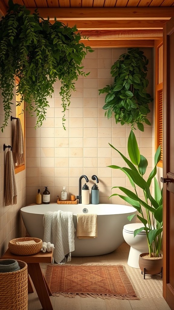 A cozy boho bathroom featuring natural elements like plants, a freestanding bathtub, and wooden accents.