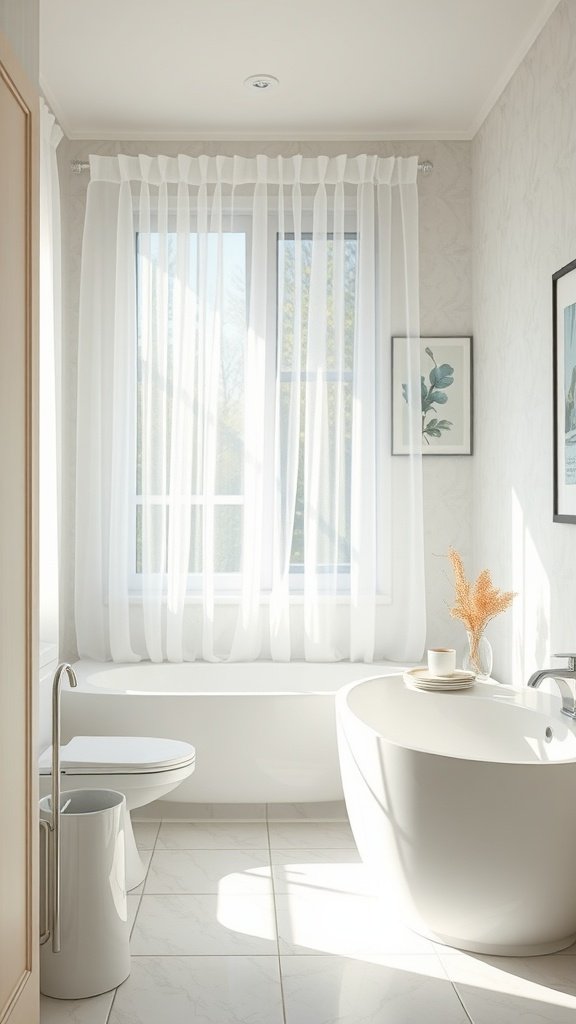 Bright and airy bathroom with sheer curtains and modern decor.