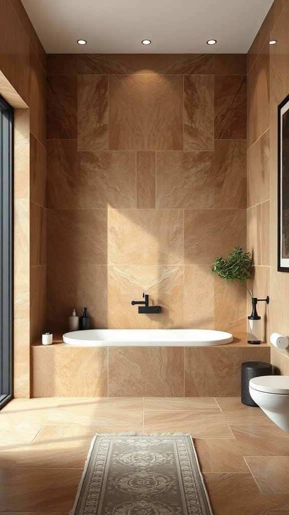 A modern bathroom featuring natural stone tiles in earthy tones, a freestanding bathtub, and minimalistic decor.