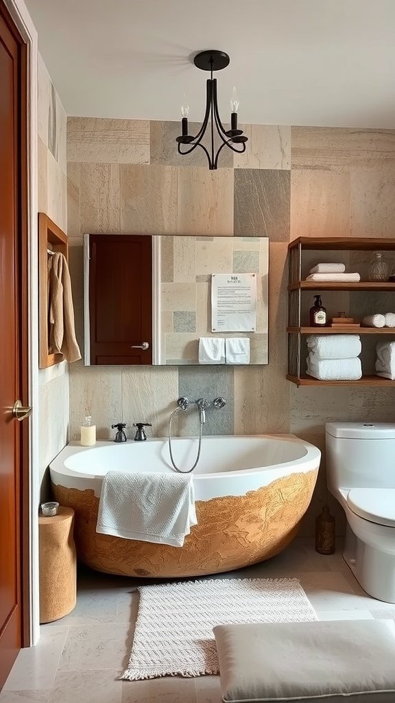 A beautifully designed Boho bathroom featuring natural stone elements, a unique bathtub, and warm wood accents.