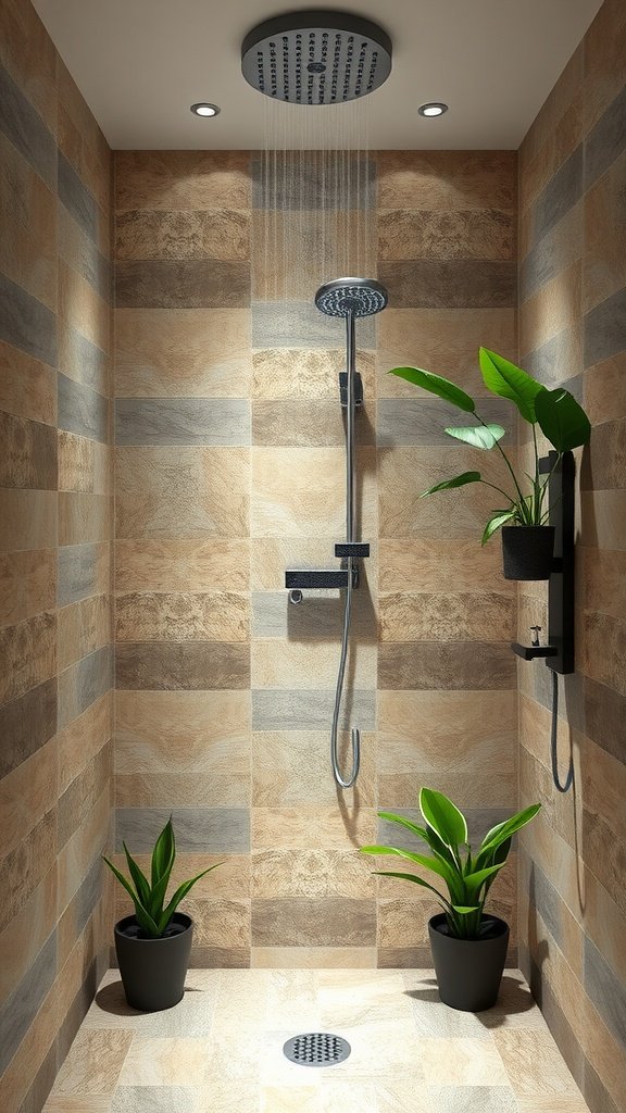 A modern walk-in shower with natural stone tiles, featuring a rain showerhead and potted plants.