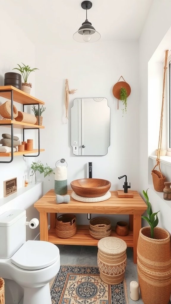 A boho bathroom featuring natural wood accents with a wooden vanity, a rustic bowl sink, and decorative baskets.