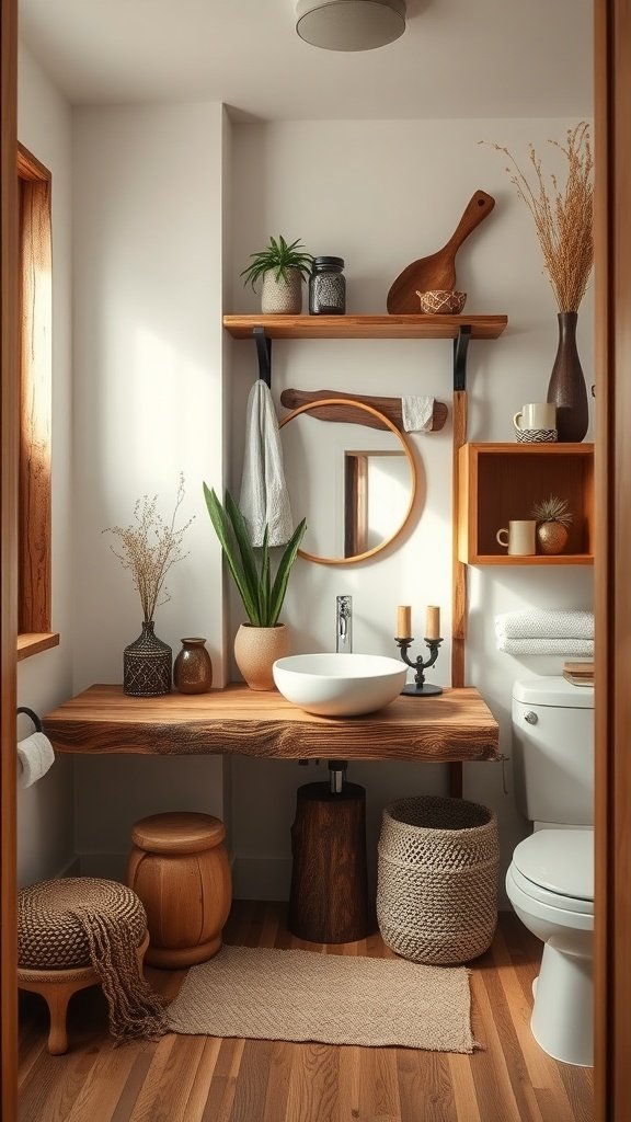 A cozy bathroom featuring natural wood accents, including wooden shelves, a rustic table, and decorative plants.