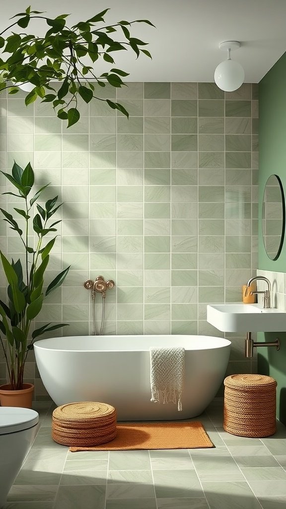 A modern luxury bathroom featuring soft green tiles, a white bathtub, and natural elements.